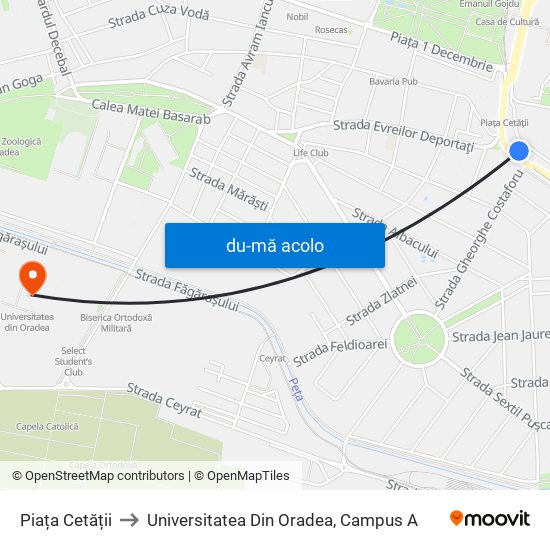 Harta de Piața Cetății către Universitatea Din Oradea, Campus A
