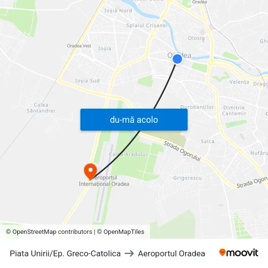 Harta de Piata Unirii/Ep. Greco-Catolica către Aeroportul Oradea