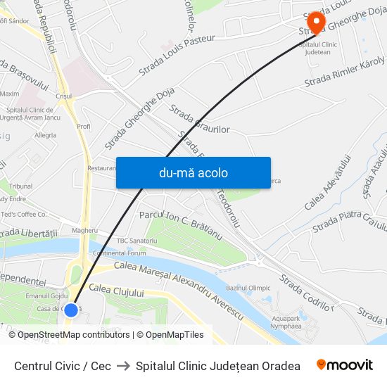 Harta de Centrul Civic / Cec către Spitalul Clinic Județean Oradea
