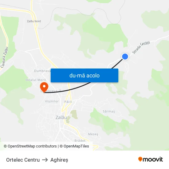 Harta de Ortelec Centru către Aghireș