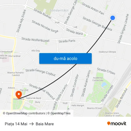 Harta de Piața 14 Mai către Baia Mare