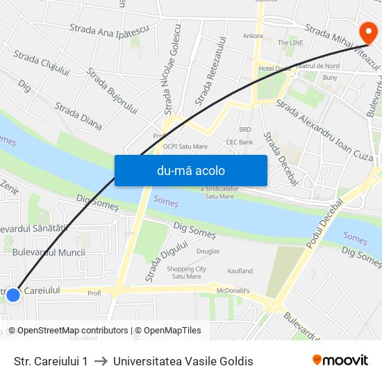Harta de Str. Careiului 1 către Universitatea Vasile Goldis