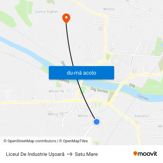 Harta de Liceul De Industrie Ușoară către Satu Mare