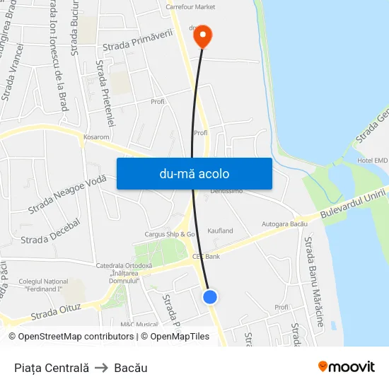 Harta de Piața Centrală către Bacău