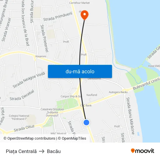 Harta de Piața Centrală către Bacău