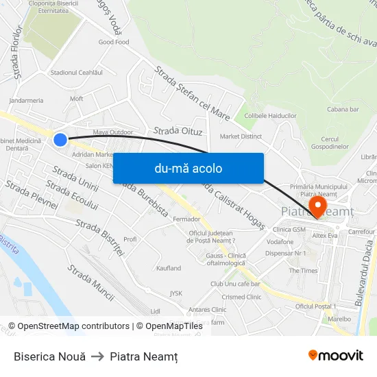 Harta de Biserica Nouă către Piatra Neamț