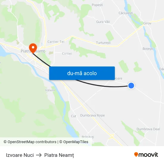 Harta de Izvoare Nuci către Piatra Neamț
