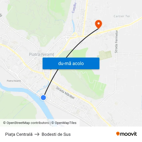 Harta de Piața Centrală către Bodesti de Sus