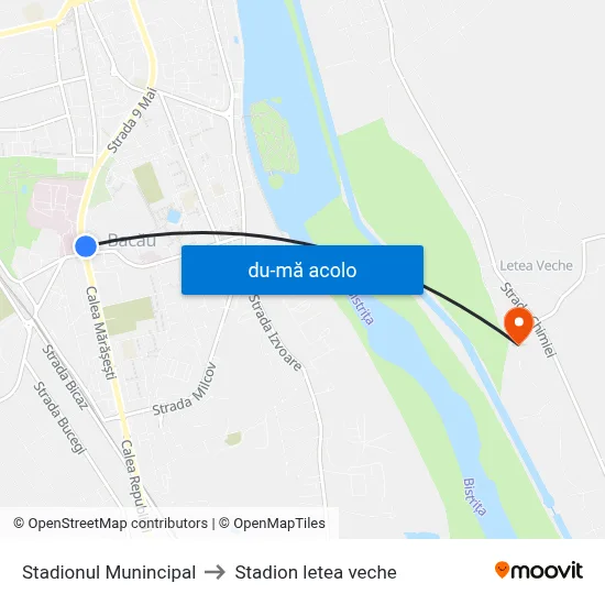 Harta de Stadionul Munincipal către Stadion letea veche