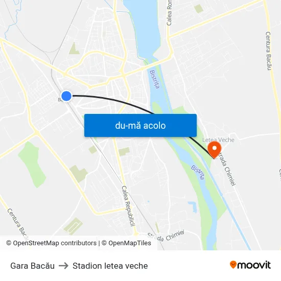 Harta de Gara Bacău către Stadion letea veche