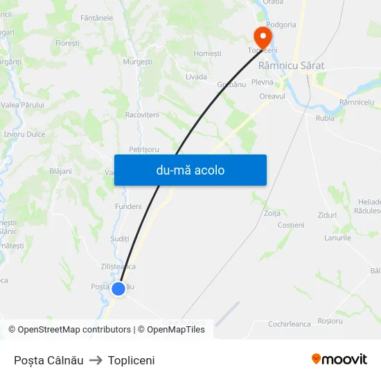 Harta de Poșta Câlnău către Topliceni