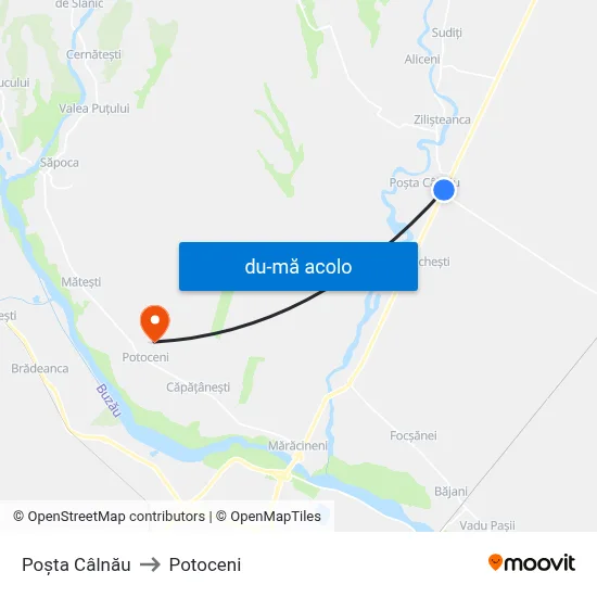 Harta de Poșta Câlnău către Potoceni