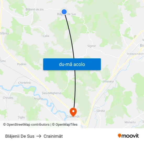 Harta de Blăjenii De Sus către Crainimăt