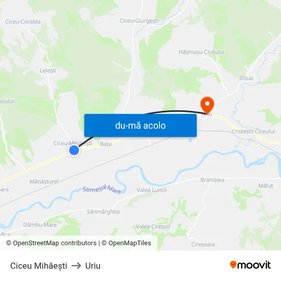 Harta de Ciceu Mihăești către Uriu