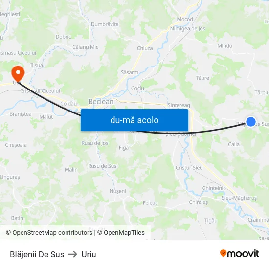 Harta de Blăjenii De Sus către Uriu