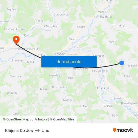 Harta de Blăjenii De Jos către Uriu