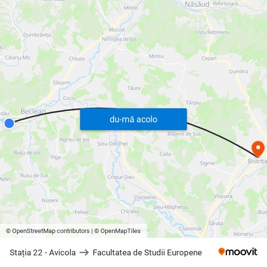 Harta de Stația 22 - Avicola către Facultatea de Studii Europene