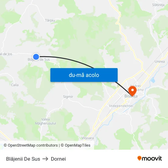 Harta de Blăjenii De Sus către Dornei