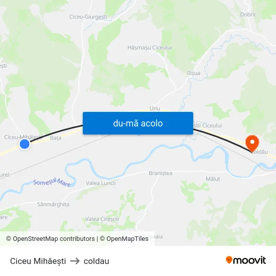 Harta de Ciceu Mihăești către coldau