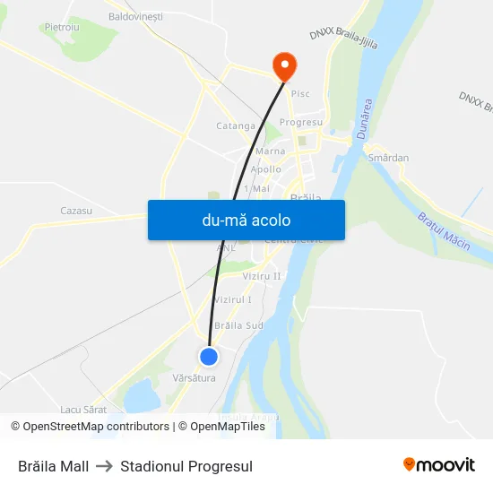 Harta de Brăila Mall către Stadionul Progresul