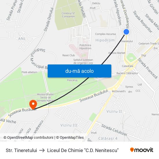 Harta de Str. Tineretului către Liceul De Chimie "C.D. Nenitescu"