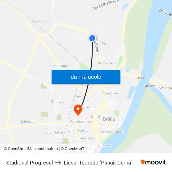 Harta de Stadionul Progresul către Liceul Teoretic "Panait Cerna"