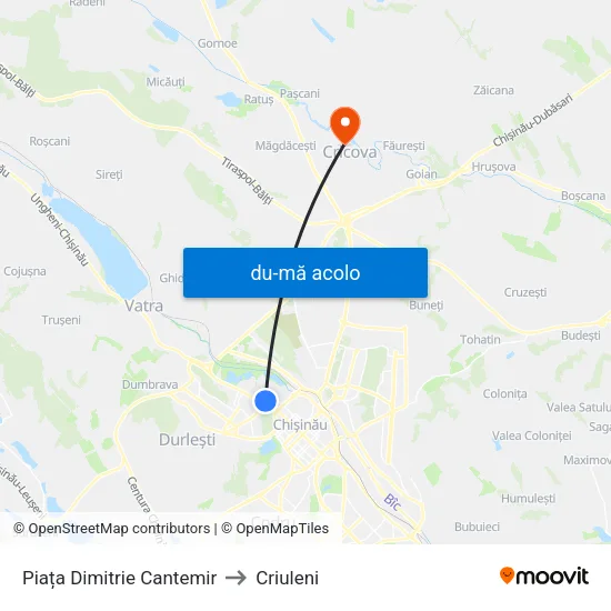 Harta de Piața Dimitrie Cantemir către Criuleni