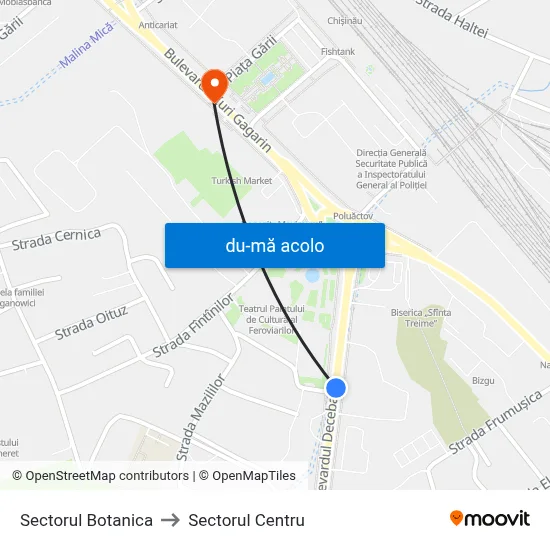 Harta de Sectorul Botanica către Sectorul Centru