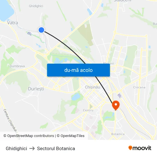 Harta de Ghidighici către Sectorul Botanica