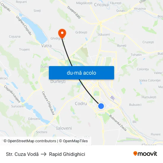 Harta de Str. Cuza Vodă către Rapid Ghidighici