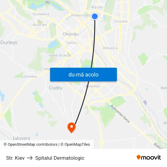 Harta de Str. Kiev către Spitalul Dermatologic