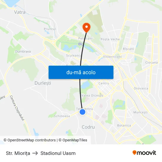 Harta de Str. Miorița către Stadionul Uasm