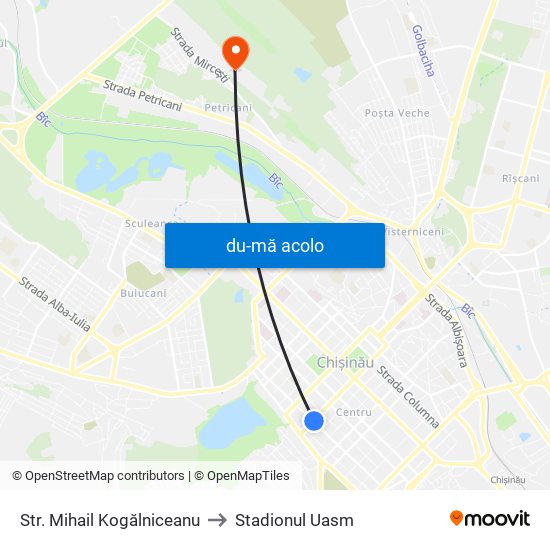 Harta de Str. Mihail Kogălniceanu către Stadionul Uasm
