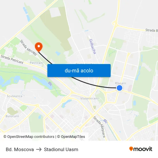 Harta de Bd. Moscova către Stadionul Uasm