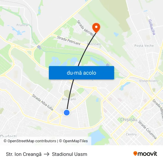 Harta de Str. Ion Creangă către Stadionul Uasm