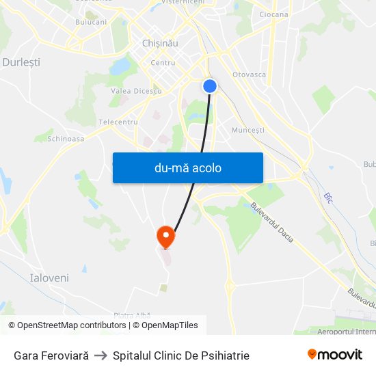 Harta de Gara Feroviară către Spitalul Clinic De Psihiatrie
