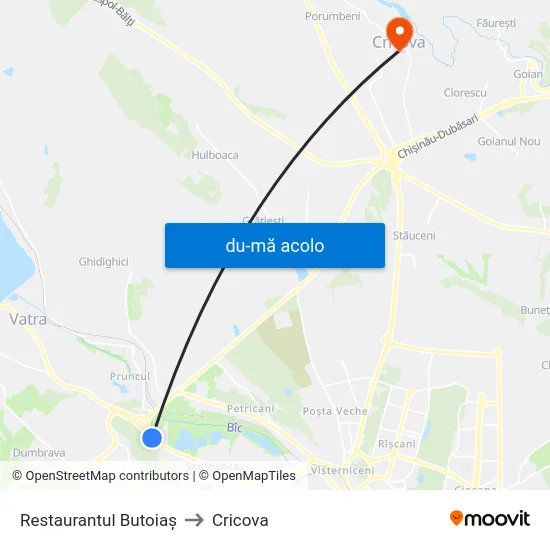 Harta de Restaurantul Butoiaș către Cricova