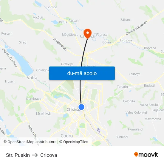 Harta de Str. Pușkin către Cricova