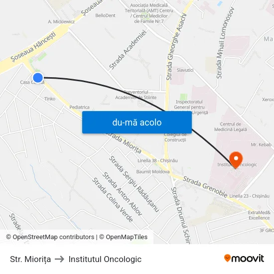 Harta de Str. Miorița către Institutul Oncologic