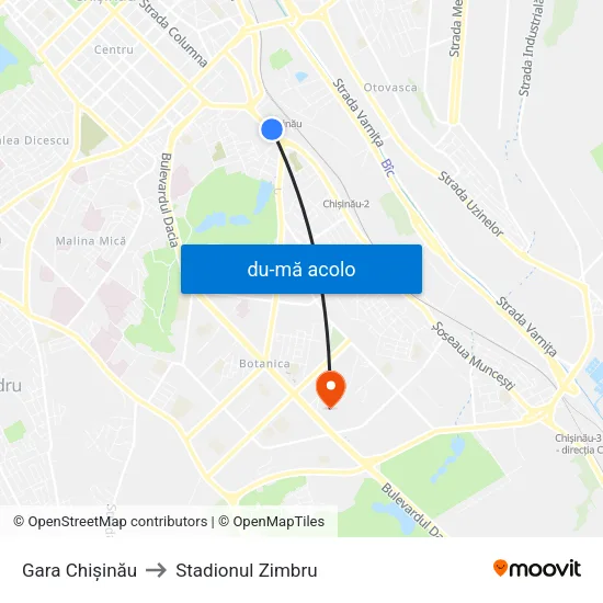 Harta de Gara Chișinău către Stadionul Zimbru