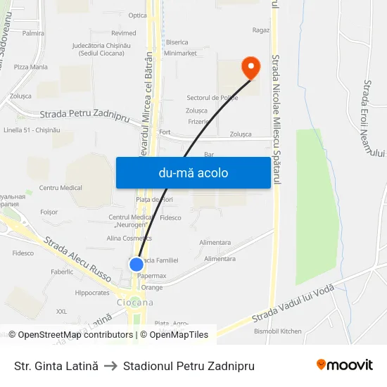 Harta de Str. Ginta Latină către Stadionul Petru Zadnipru