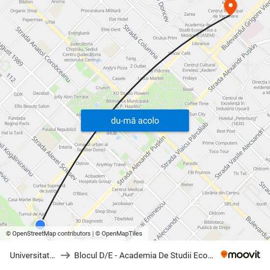 Harta de Universitatea De Stat către Blocul D / E - Academia De Studii Economice A Moldovei (Asem)