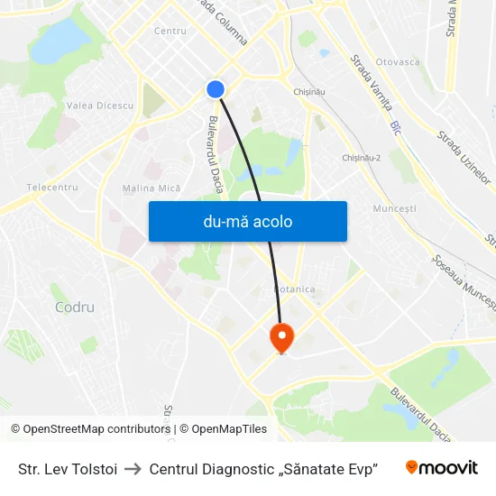 Harta de Str. Lev Tolstoi către Centrul Diagnostic „Sănatate Evp”
