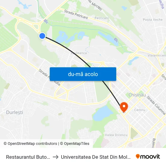 Harta de Restaurantul Butoiaș către Universitatea De Stat Din Moldova