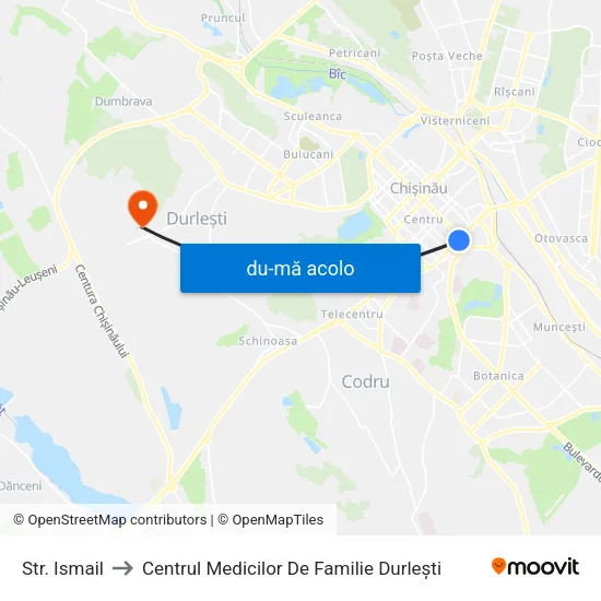 Harta de Str. Ismail către Centrul Medicilor De Familie Durlești