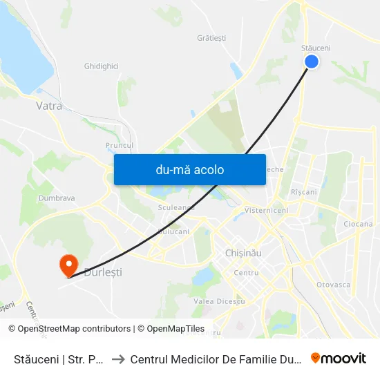 Harta de Stăuceni | Str. Păcii către Centrul Medicilor De Familie Durlești