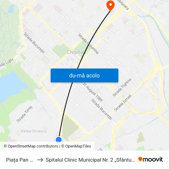 Harta de Piața Pan Halippa către Spitalul Clinic Municipal Nr. 2 „Sfântul Arhanghel Mihail”