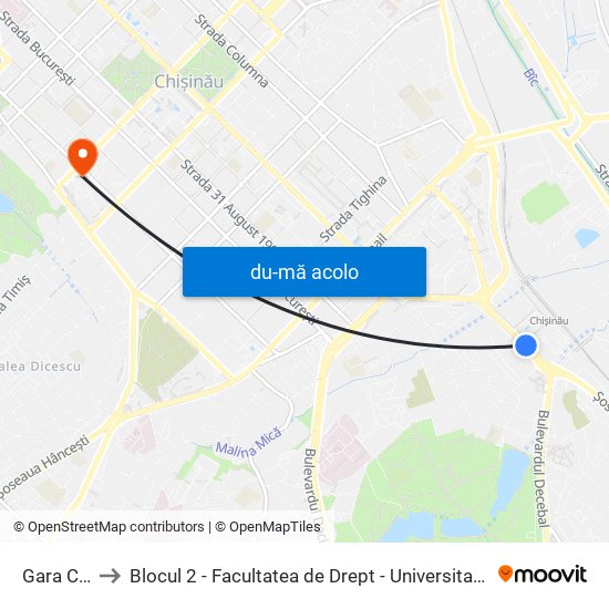 Harta de Gara Chișinău către Blocul 2 - Facultatea de Drept - Universitatea de Stat din Moldova (USM)