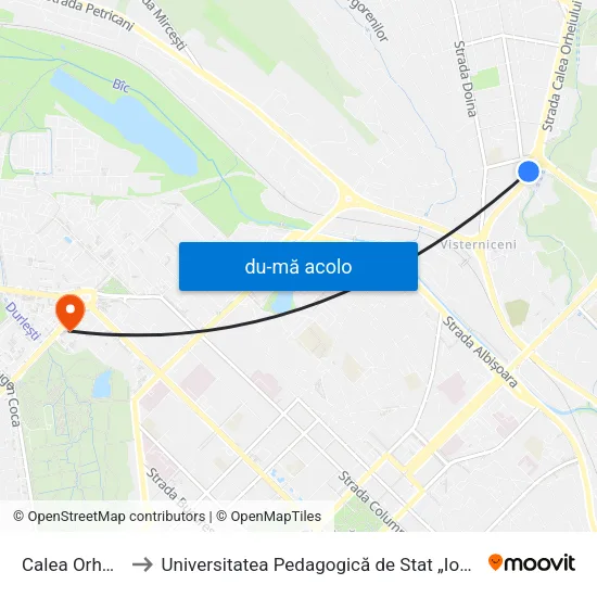 Harta de Calea Orheiului către Universitatea Pedagogică de Stat „Ion Creangă”