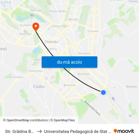 Harta de Str. Grădina Botanică către Universitatea Pedagogică de Stat „Ion Creangă”